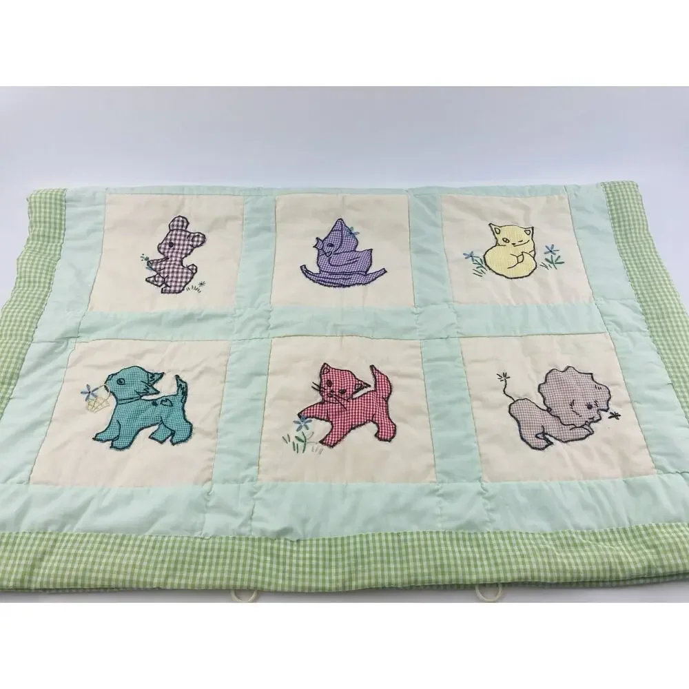 Vintage Hand Embroidered Applique Baby Quilt Blanket Wall Hanging Kitty Cat Lamb